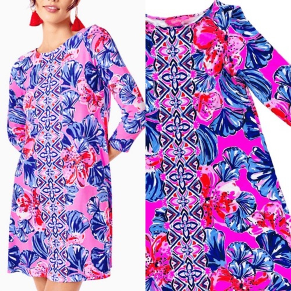 Lilly Pulitzer Ophelia Plumeria Pink in Hollidaze Knit Swing Dress XS Statement‎